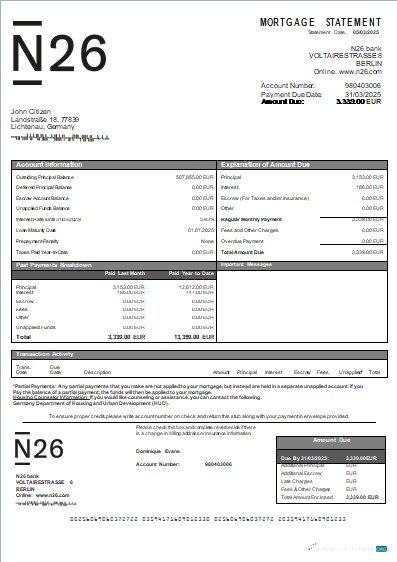Download Germany N26 bank mortgage statement scr Photoshop template